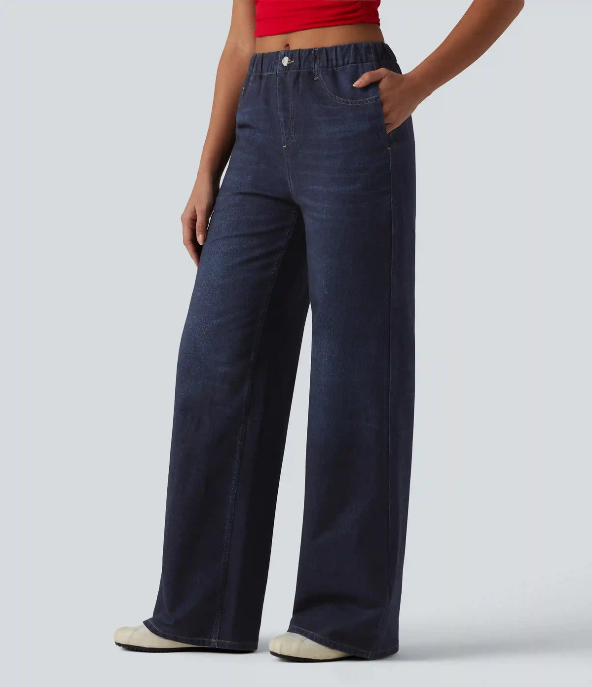 Mid Rise Denim Print French Terry Casual Sweatpants Jeans with Pockets