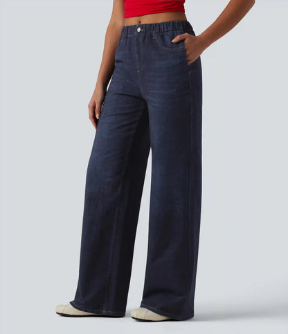 Mid Rise Denim Print French Terry Casual Sweatpants Jeans with Pockets