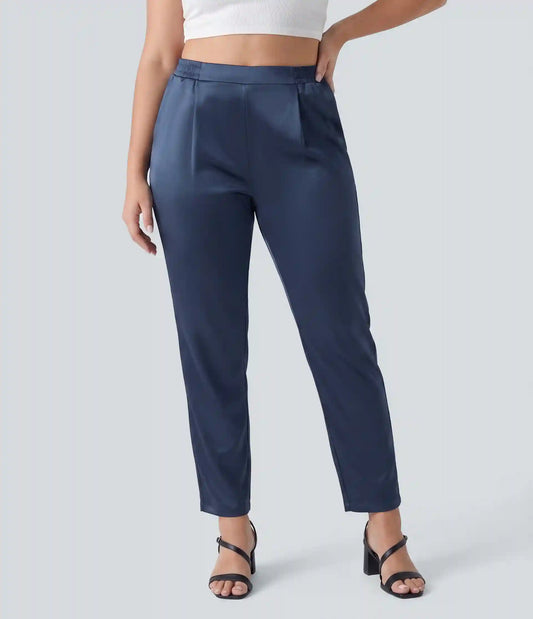 High Waisted Satin Work Plus Size Tapered Pants with Pockets