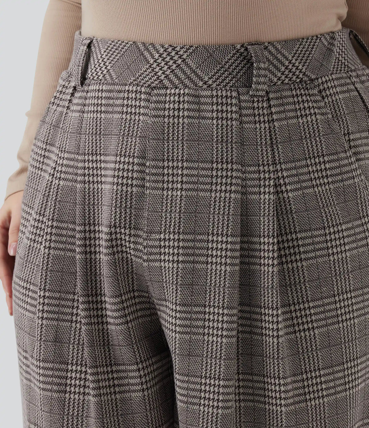 Plus Size High Waisted Wide Leg Houndstooth Plaid Casual Pants with Pockets