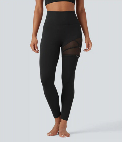 SoftlyZero™ High Waisted Contrast Mesh Adjustable Buckle Dance Leggings with Pocket