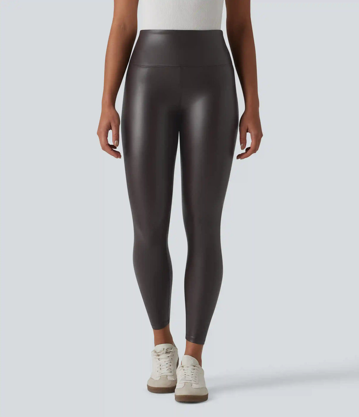 High Waisted Tummy Control Stretchy PU Casual 7/8 Leggings with Pockets