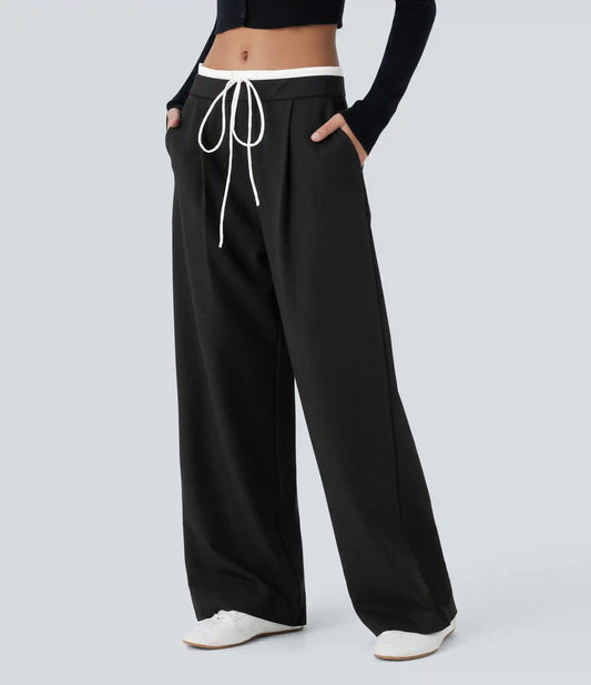 Double-Layer Color Block Low Rise Drawstring Pocket Wide Leg Casual Pants