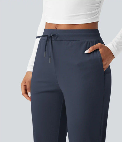 Mid Rise Drawstring Curved Hem Quick Dry Golf Tapered Pants with Pockets-UPF40+