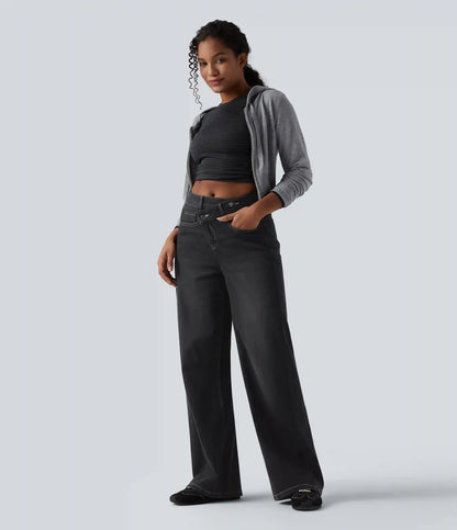 Halara Flex™ Asymmetric High Waisted Washed Casual Baggy Jeans with Pockets
