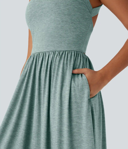 Twisted Backless Split Flowy Maxi Resort Dress with Pockets
