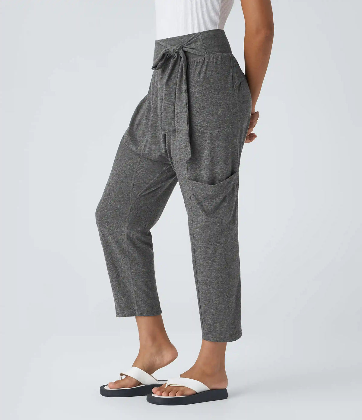 Mid Rise Tie Pockets Casual Harem Pants