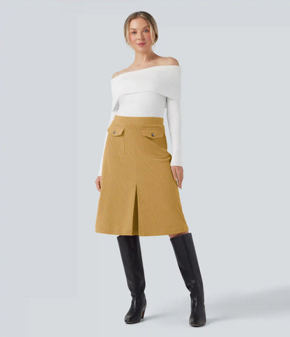 Mid Rise Front Side Flap Pocket Midi Corduroy Casual Skirt