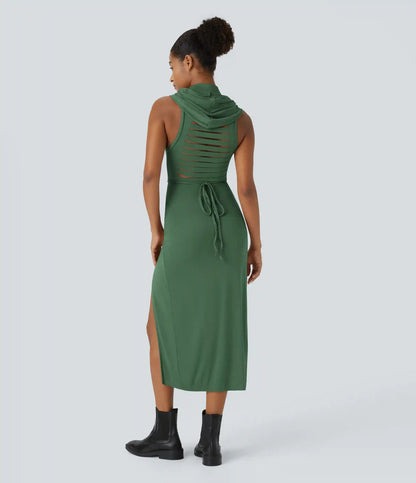 Ribbed Hooded High Neck Sleeveless Cut Out Tie Back 2-Piece Midi Casual Dress
