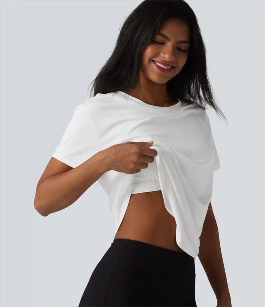 Round Neck Short Sleeve Built-in Bra Curved Hem Casual T-Shirt