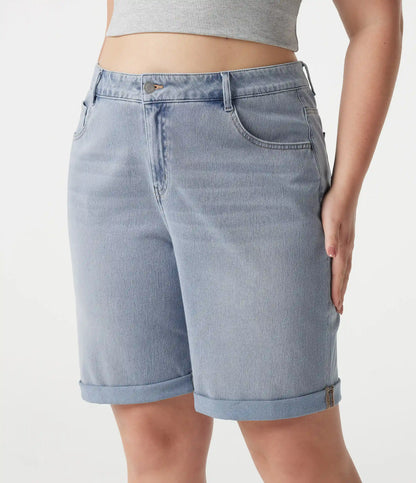 Halara Flex™ High Waisted Multiple Pockets Rolled Hem Washed Stretchy Knit Denim Casual Plus Size Bermuda Shorts