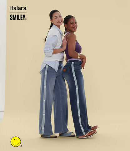 Halara X Smiley® Halara Flex™ High Waisted Baggy Wide Leg Washed Casual Jeans with Pockets