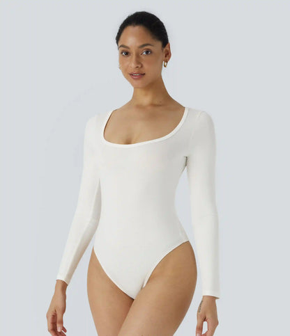 U Neck Long Sleeve Snap Skinny Work Bodysuit