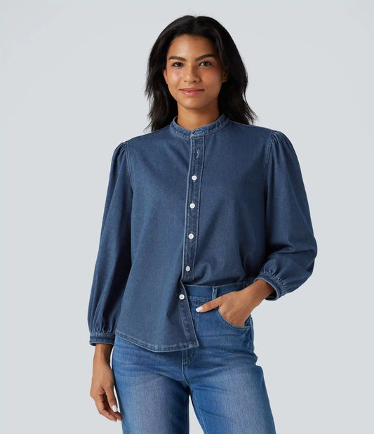 Halara Flex™ Stand Collar Puff 3/4 Sleeve Denim Casual Shirt