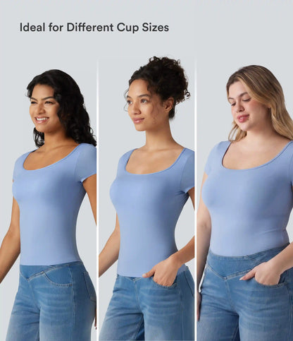 High Stretch Square Neck Built-in Bra Short Sleeve Casual T-Shirt B-DD Cups