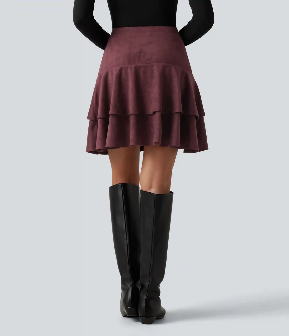 High Waisted Tiered Ruffle Hem 2-in-1 Longer Mini Suede Casual Skirt with Pocket