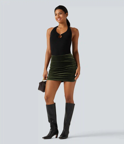 High Waisted 2-in-1 Velvet Ruched Tummy Control Bodycon Mini Party Skirt