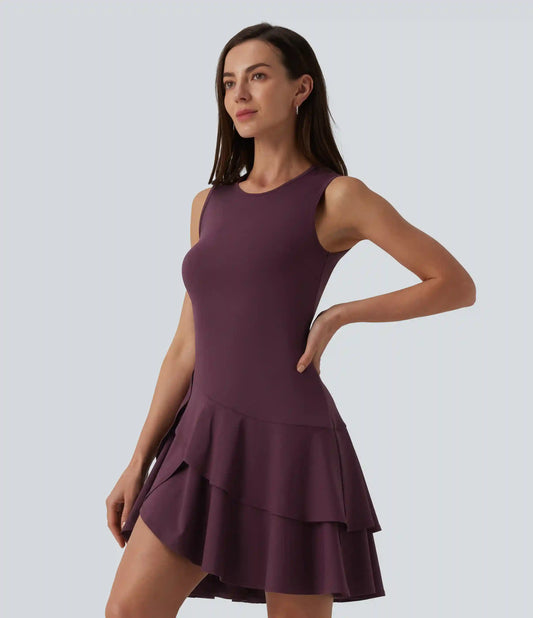 SoftlyZero™ Airy Round Neck Sleeveless Layered Ruffle Hem InstantCool Mini Casual Dress