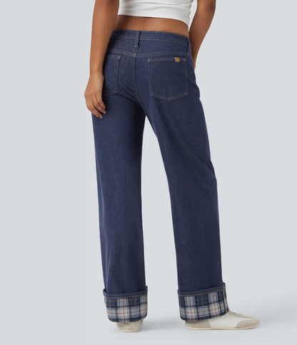 Halara Flex™ Low Rise Contrast Plaid Rolled Hem Wide Leg Casual Jeans with Pockets
