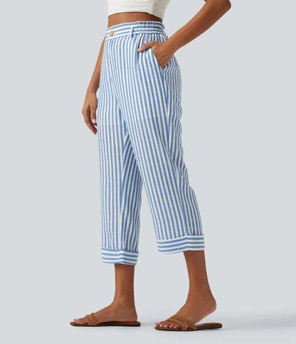 High Waisted 2-in-1 Straight Leg Stripe Cropped Casual Linen-Feel Pants with Pockets