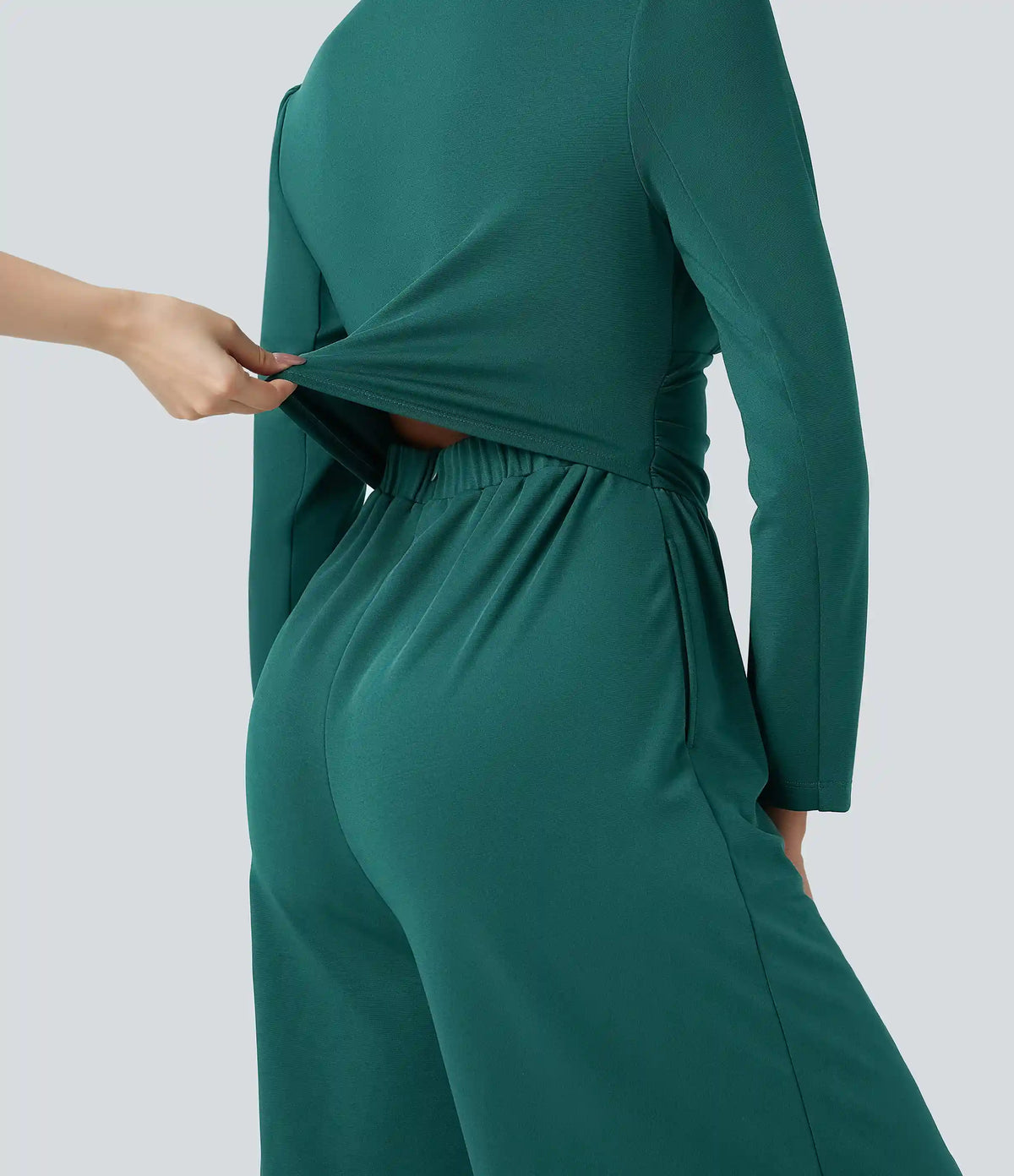 V Neck Long Sleeve Ruched Jumpsuit with Pockets-Easy Peezy Edition