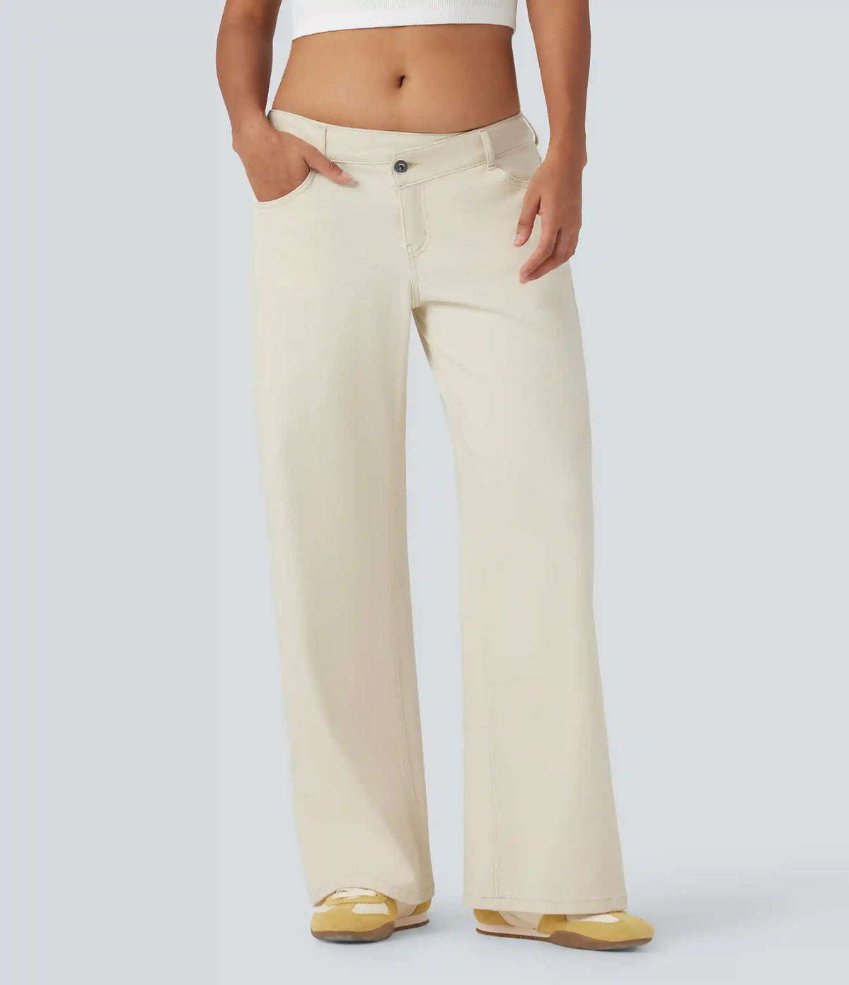 Halara Flex™ Asymmetric Low Rise Zipper Pockets Baggy Wide Leg Washed Casual Jeans