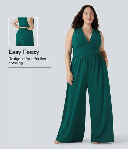 Plus Size V Neck Sleeveless Jumpsuit with Pockets-Easy Peezy Edition