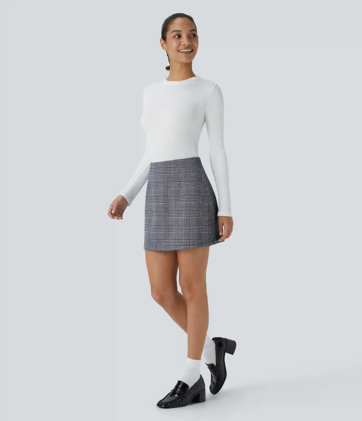 High Waisted 2-in-1 Houndstooth Plaid Mini Work Skirt