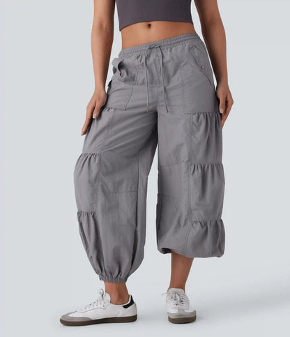 Mid Rise Drawstring Pocket Ruched Parachute Casual Cargo Baggy Joggers