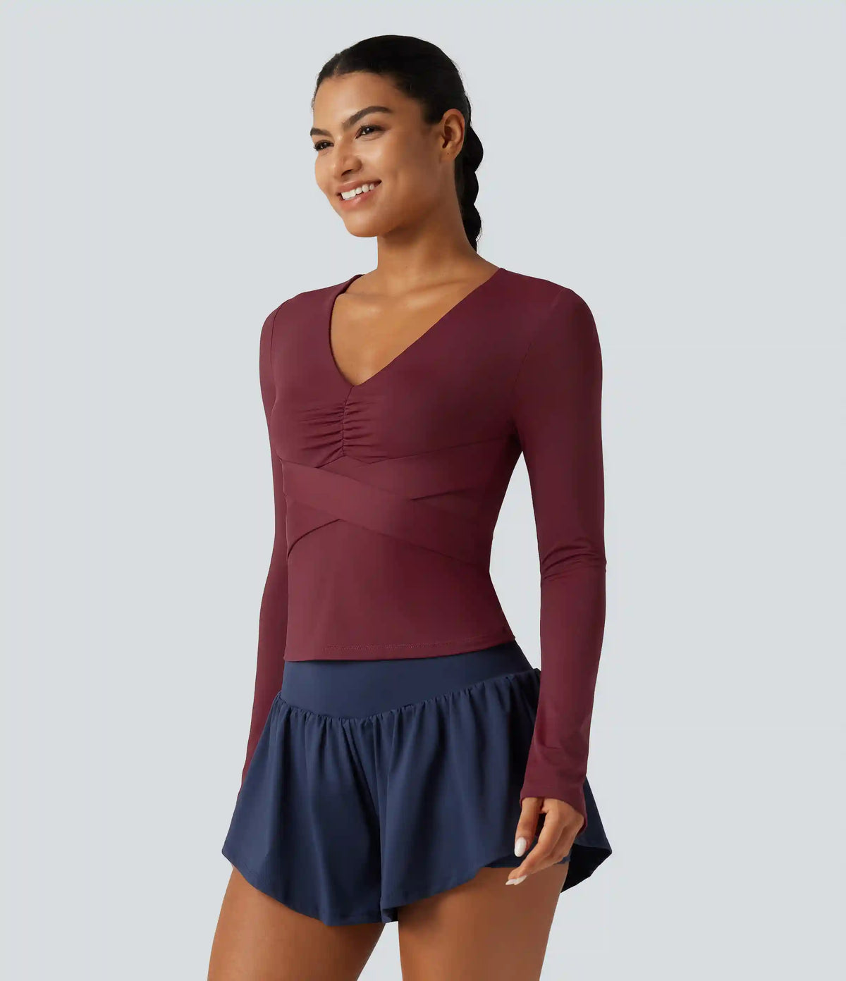 V Neck Long Sleeve Ruched Tie Back InstantCool Yoga Sports Top-UPF50+