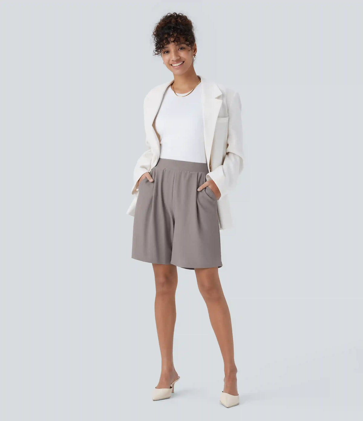 High Waisted Body Sculpt Waist-Slimming Pocket Micro Waffle Work Bermuda Shorts