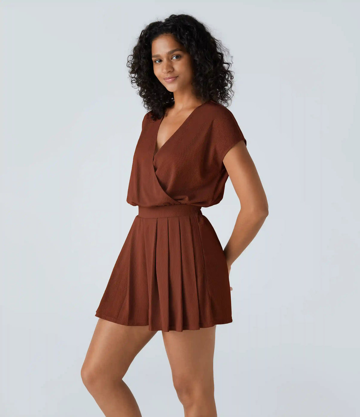 V Neck Short Sleeve Pocket Waffle Casual Romper