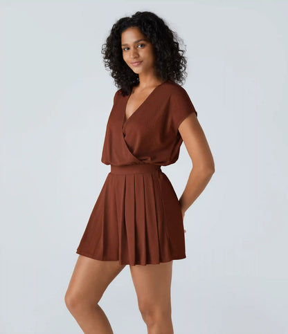 V Neck Short Sleeve Pocket Waffle Casual Romper