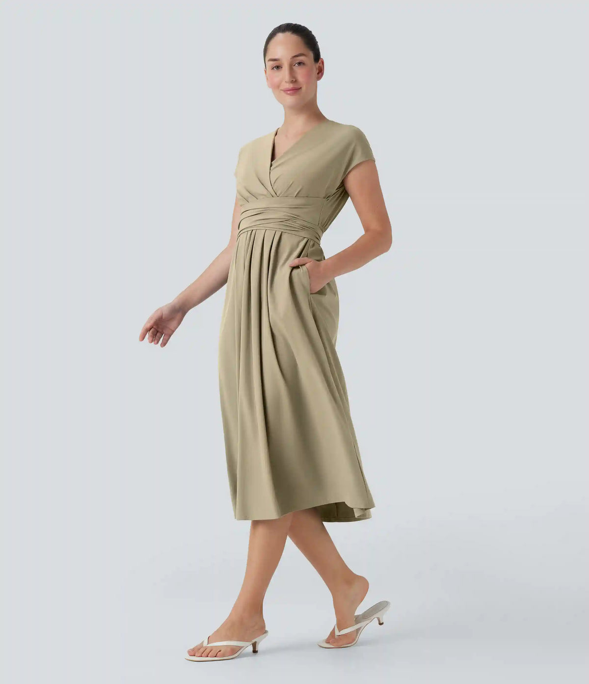 Breezeful™ V Neck Short Sleeve Pocket Tie Back Quick Dry Midi Casual Dress