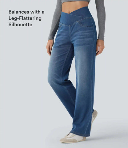 Halara Flex™ Crossover High Waisted Tummy Control Casual Straight Leg Jeans with Pockets