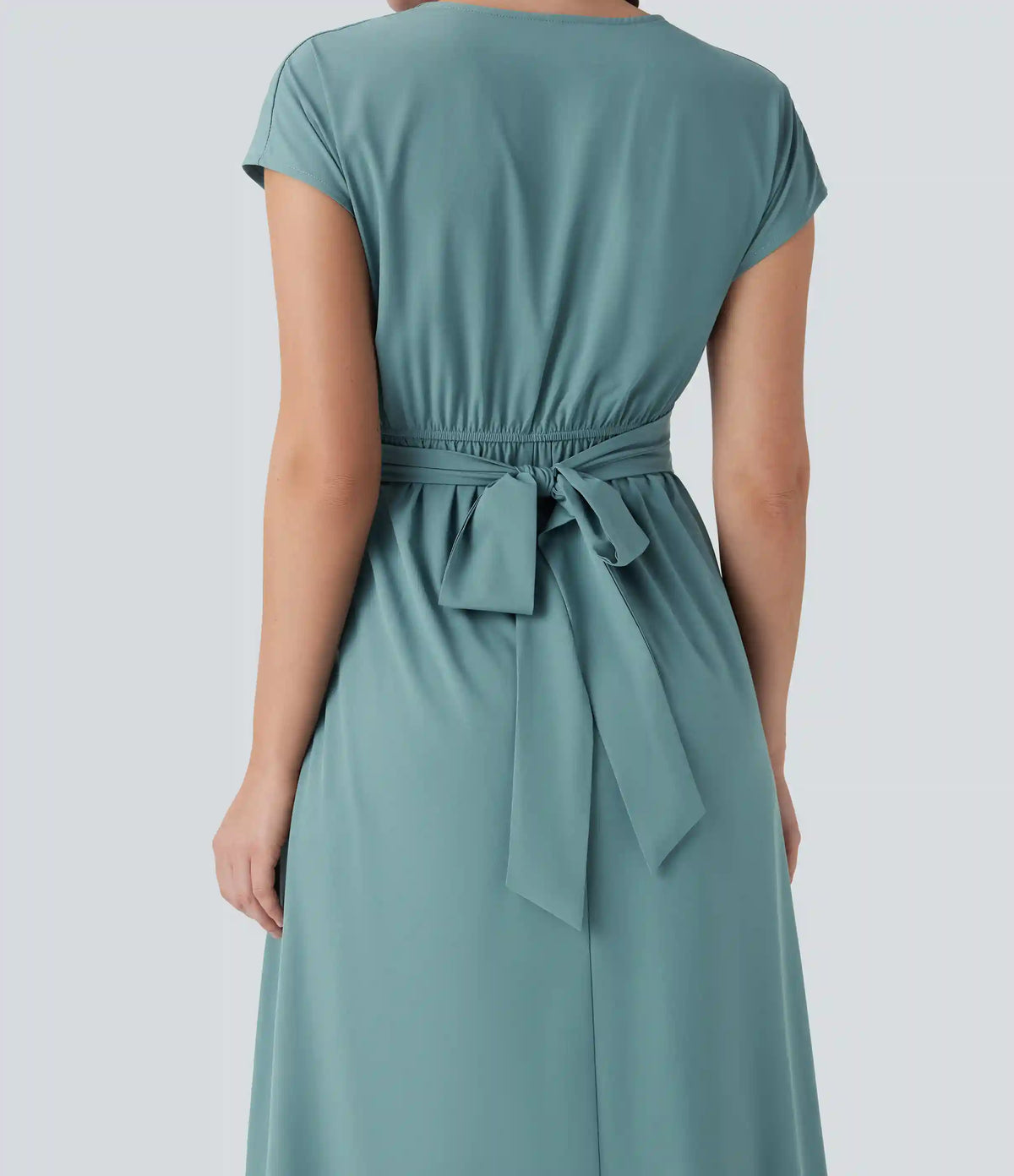 Breezeful™ V Neck Short Sleeve Pocket Tie Back Quick Dry Midi Casual Dress