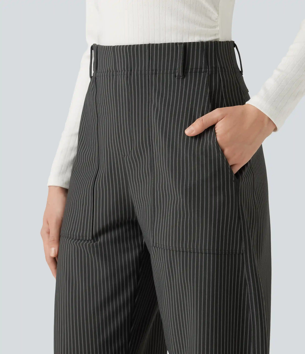 High Waisted Barrel Leg Stripe Casual Pants with Pockets