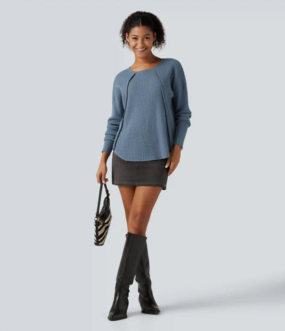Round Neck Bishop Long Sleeve Curved Hem Casual Sweater