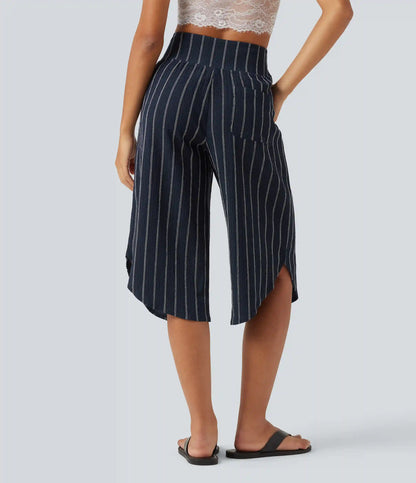 High Waisted Curved Hem Stripe Capri Casual Pants with Pockets