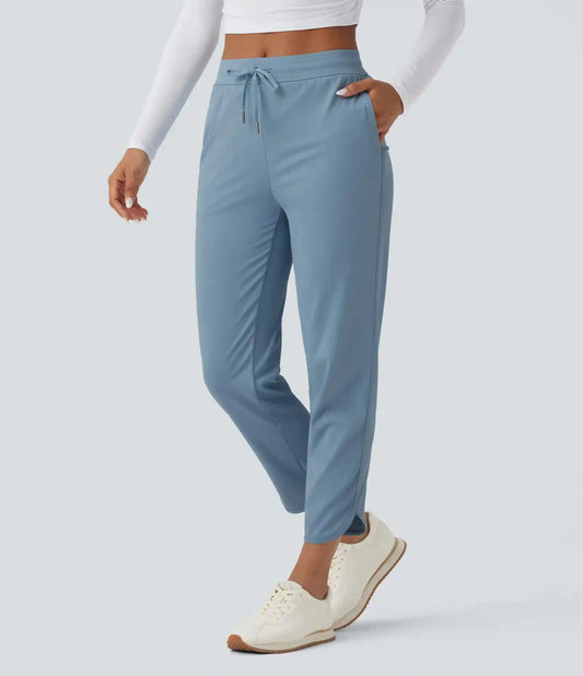 Mid Rise Drawstring Curved Hem Quick Dry Golf Tapered Pants with Pockets-UPF40+