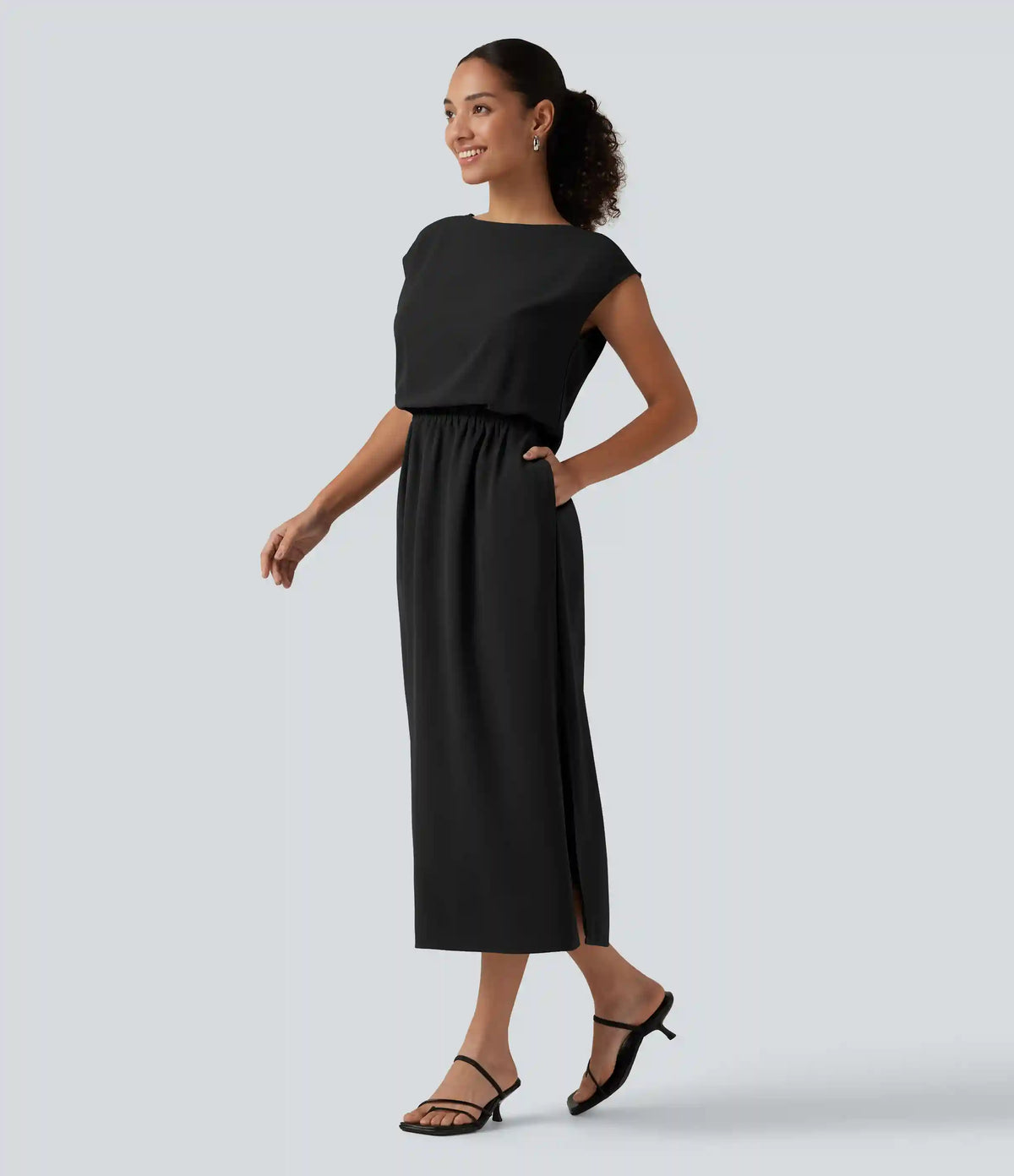 Boat Neck Cap Sleeve Midi Work Dress with Pockets