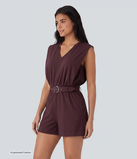 SoftlyZero™ Airy V Neck Sleeveless Belted InstantCool Casual Romper with Pockets-Easy Peezy Edition