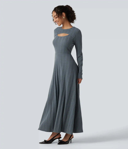 Round Neck Cut Out Long Sleeve Flowy Midi Casual Dress