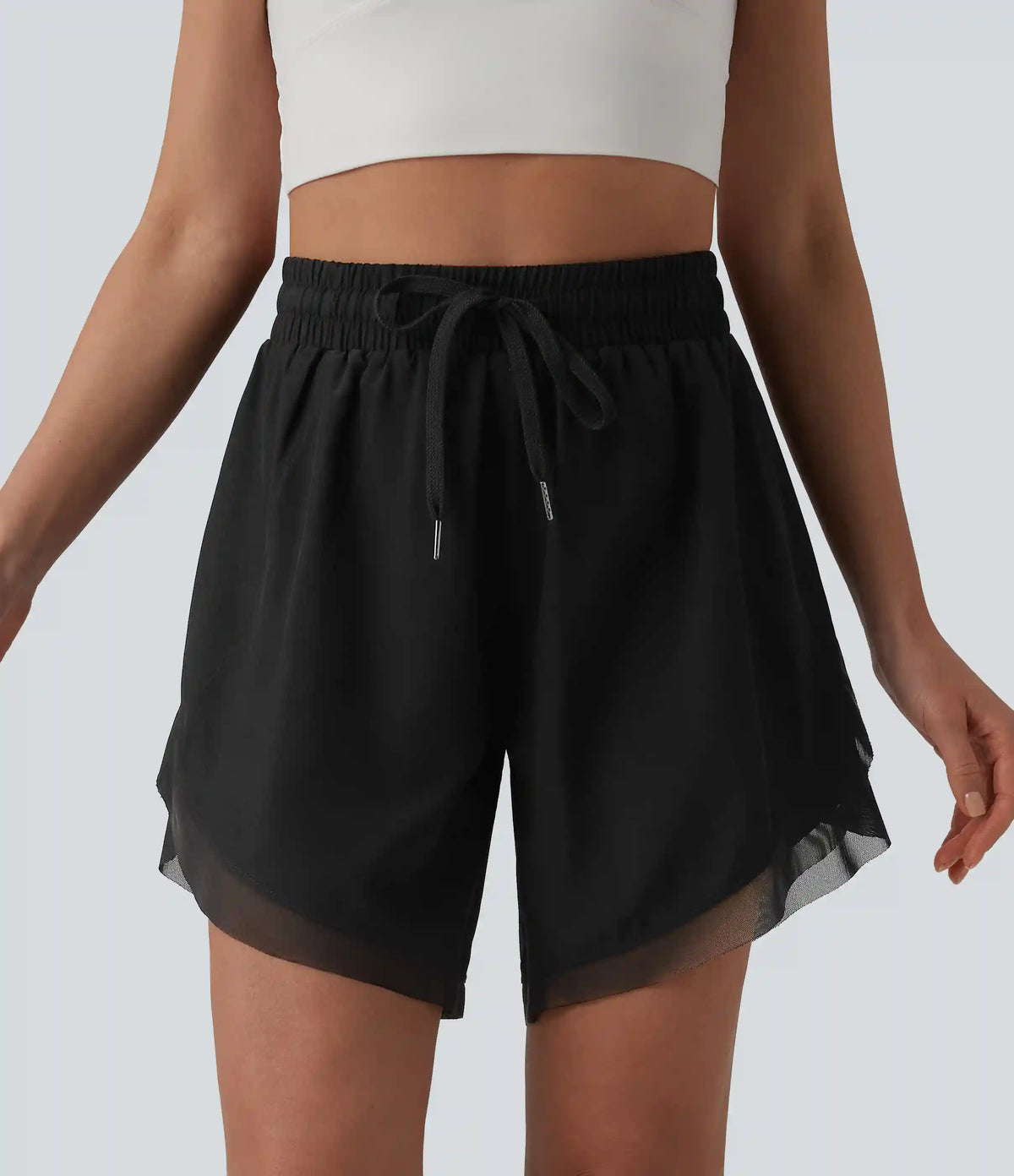 Mid Rise Drawstring Contrast Mesh 2-in-1 Flowy Yoga Shorts 7''