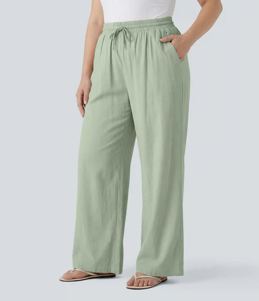 Plus Size High Waisted Drawstring Wide Leg Casual Linen-Blend Pants with Pockets