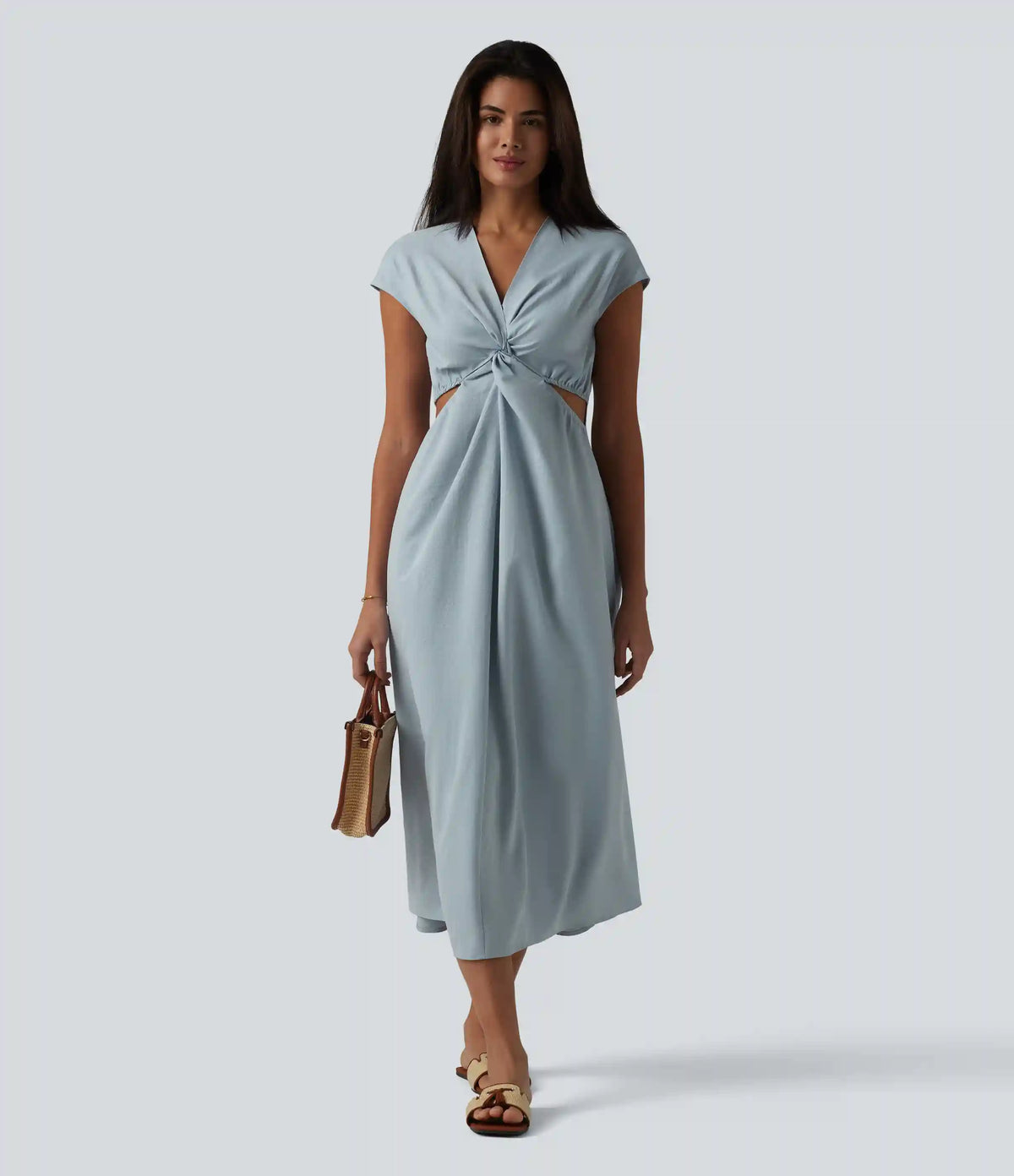 V-neck Short Sleeve Twisted Cut-out Invisible Zipper Midi Resort Dress with Pockets