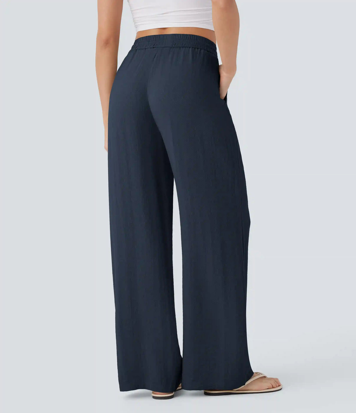 High Waisted Drawstring Pocket Wide Leg Baggy Casual Linen-Feel Pants