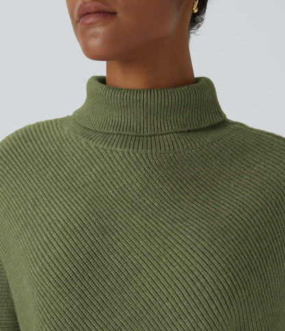 High Neck Long Sleeve Asymmetric Hem Work Sweater