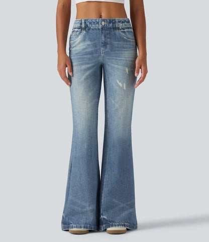 Mid Rise Denim Print Casual Flare Jeans with Pockets