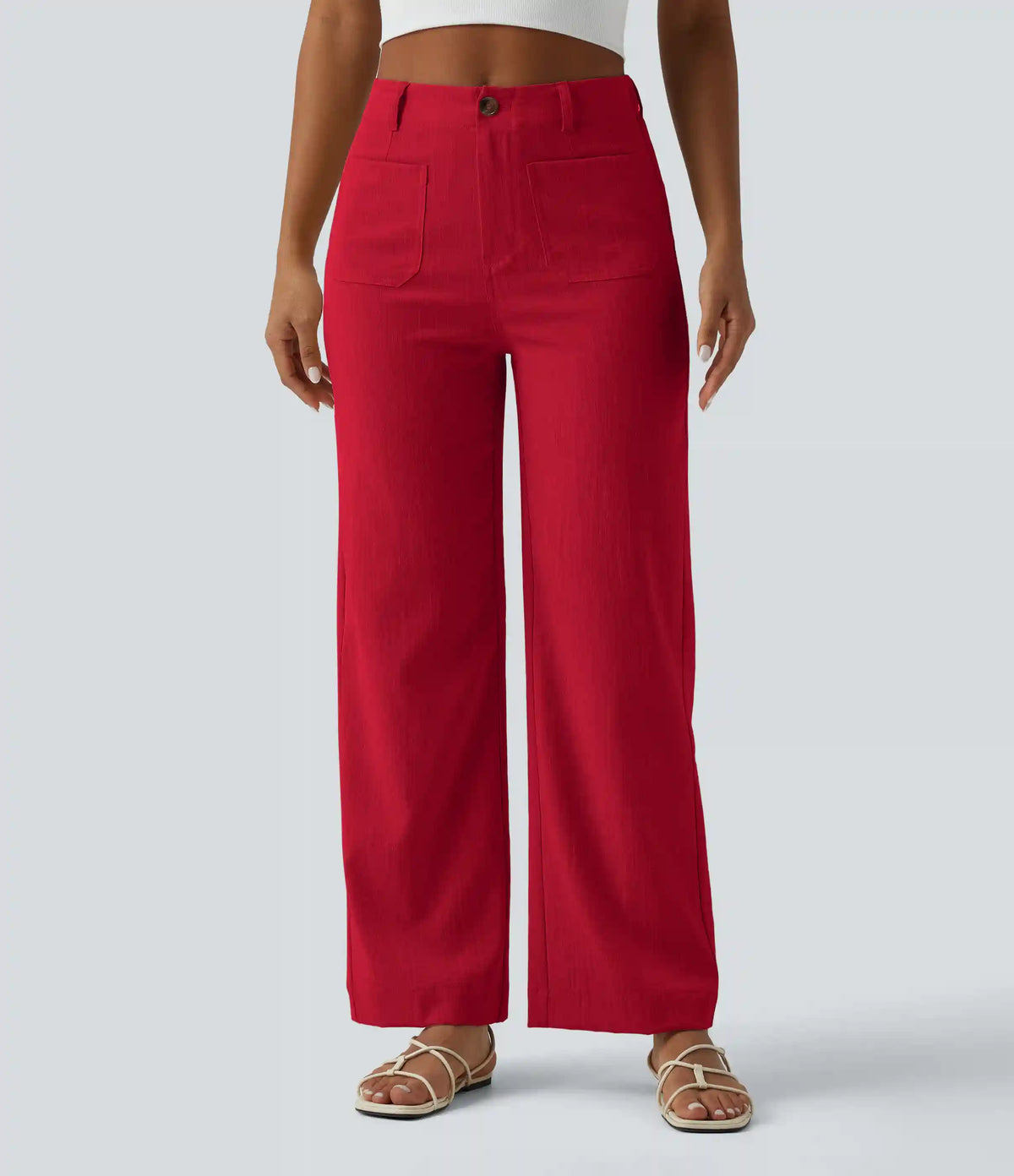 High Waisted Straight Leg Casual Linen-Feel Pants with Pockets